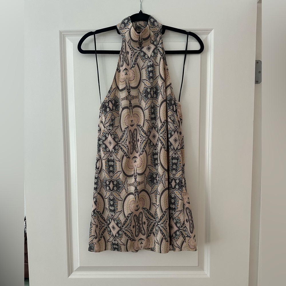 H&M Tan Graphic Cut Out High Neck Mini Cocktsil Dress